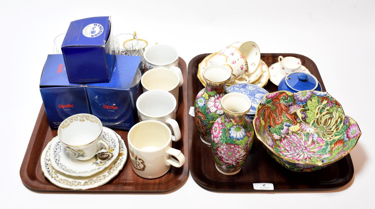 A collection of five Royal interest mugs and two plates; Spode; cut glass; two 20th century