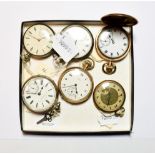 Three silver pocket watches and three plated pocket watches