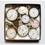 Two silver pocket watches; three lady's fob watches; a Swiss centre seconds pocket watch; two plated