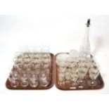 A 19th century cut glass decanter with plated pourer; two cut glass boxes and covers; a set of six