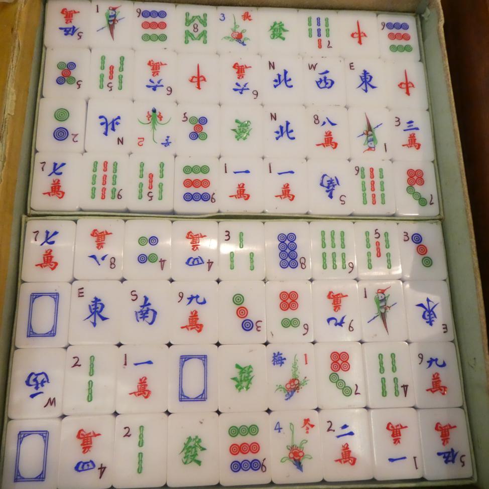 Two vintage mahjong sets with boards, one in pig skin case, with handmade stands - Image 9 of 10