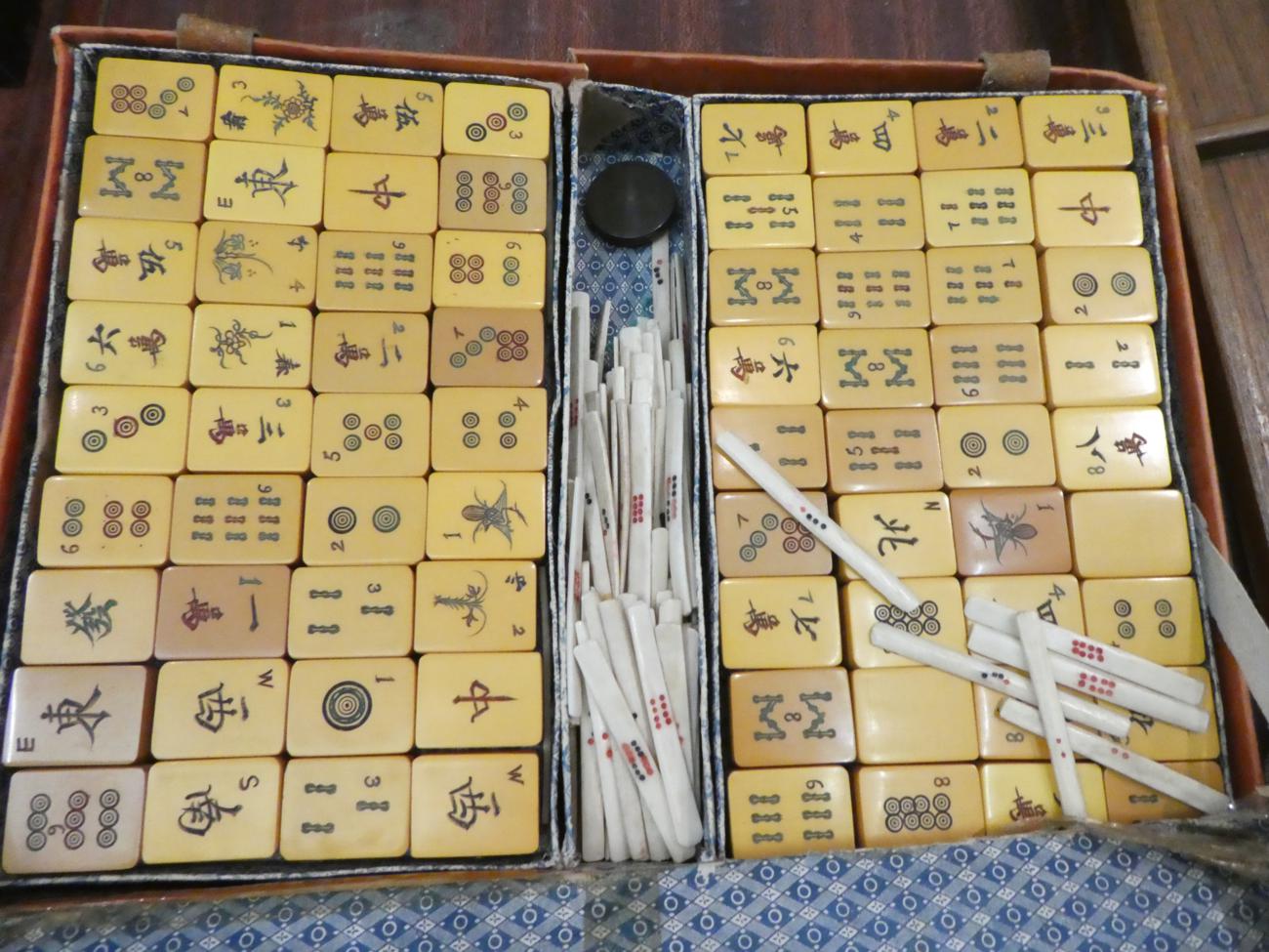 Two vintage mahjong sets with boards, one in pig skin case, with handmade stands - Image 6 of 10