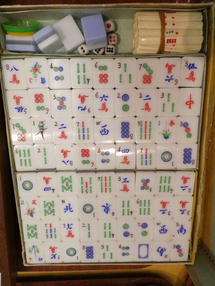 Two vintage mahjong sets with boards, one in pig skin case, with handmade stands - Image 2 of 10