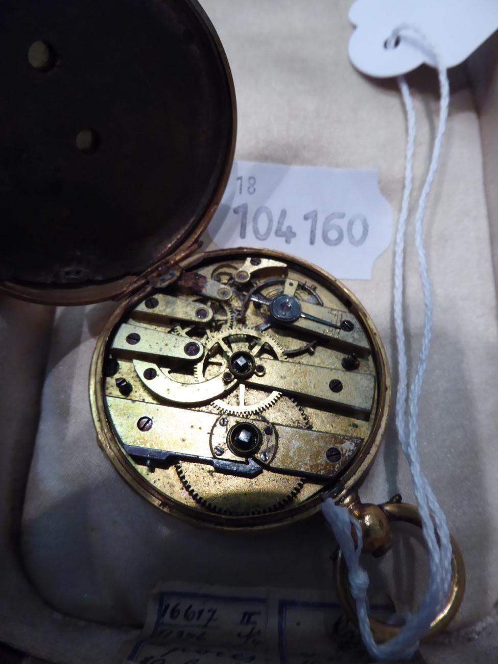 A Continental 18 carat gold cased pocket watch (a.f.) with winder and yellow metal chain; together - Image 2 of 3