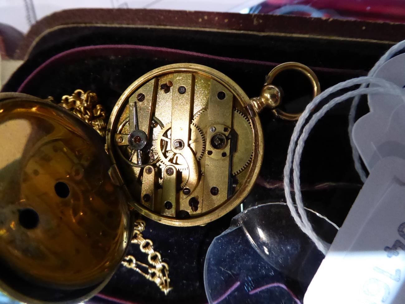 A Continental 18 carat gold cased pocket watch (a.f.) with winder and yellow metal chain; together - Image 3 of 3