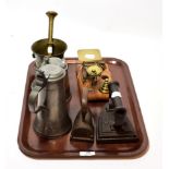 A 19th century German pewter lidded jug and stein; a set of postal scales with weights; a bronze