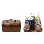 A Victorian walnut tea caddy together with a cut glass decanter, Derby cup and saucer, Poole pottery