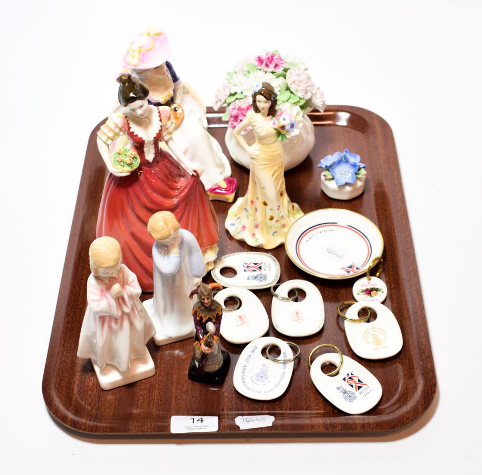 Six Royal Doulton figures ''Helen'', ''Kathleen'', ''The Jester'', ''Georgia'', ''Bedtime'', and ''