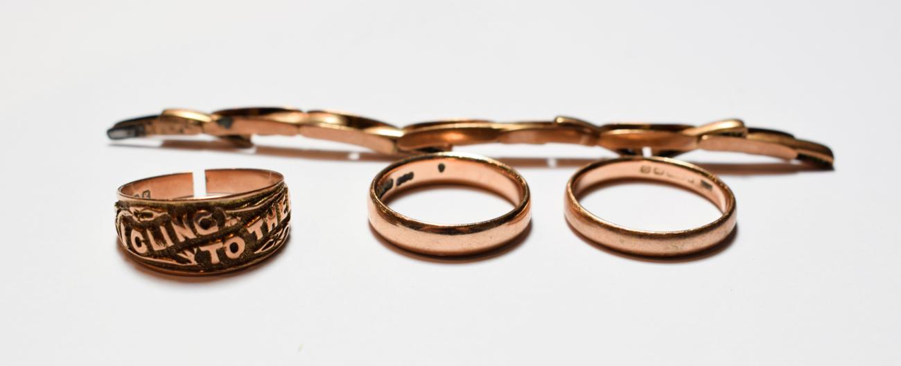 An expanding bracelet section, stamped '9CT'; two 9 carat gold band rings, finger sizes N1/2 and