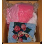 A quantity of textiles to include girls clothes, handkerchiefs and a white dress (one box)