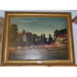 British School (19th century) Naive village scene with a stagecoach, oil on canvas, 44.5cm by 59.5cm