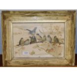 British School (19th century) A group of birds on a branch, painting on glass, initialled TMA and