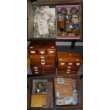 Three small wooden drawer cabinets containing: mineral pocket watch glasses, 19th/20th century and