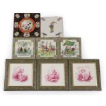 Three Victorian Minton 6'' Tiles, decorated with cherubs, in puce on a white ground, 15cm square (