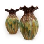 A Pair of Ault Pottery Vases, shape 118, green, white, mustard and brown glazed, impressed factory