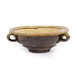 Clive Bowen (b.1943): A Red Earthenware Bowl, with three loop handles, wood-fired with green and