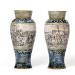 Hannah Bolton Barlow (1851-1916): A Pair of Royal Doulton Lambeth Stoneware Vases, incised with a