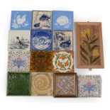Six Minton 6'' Tiles, decorated with fish, frogs, birds and a dog, 15cm square; and Nine Other