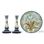 A Burmantofts Faience Pottery Charger, decorated with blue iris, in tones of blue, green and