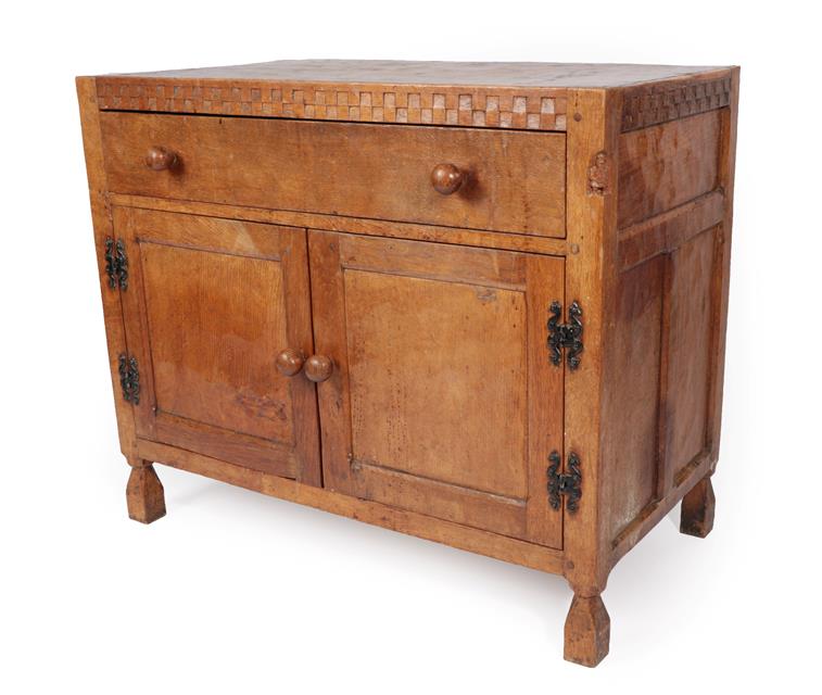 Gnomeman: A Thomas Whittaker (Littlebeck) English Oak Cupboard, the rectangular top over a carved - Image 2 of 3