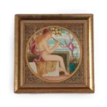 An Aesthetic Movement 6'' Tile, hand painted with a nude maiden playing pan pipes, unmarked blank,