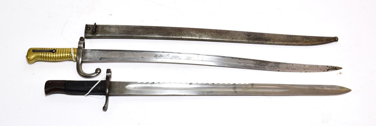 A British 1875 Pattern Artillery Bayonet, the 51 cm saw-back steel blade with various inspector's