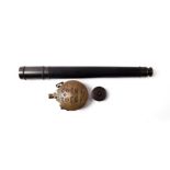 A 1 1/2'' Brass Single Draw Telescope, with anti-flare hood, pull-off lens cover, leather sleeve and