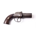 A 19th Century Six Shot Pepperbox Revolver, the 6cm steel cylinder with Birmingham proof marks,