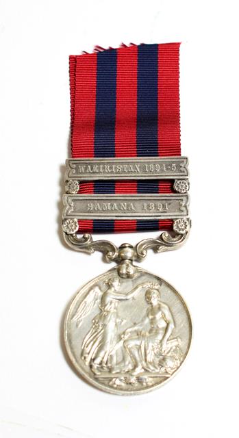 An India General Service Medal 1854-1895, with two clasps SAMANA 1891 and WAZIRISTAN 1894-5, awarded