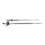 A 17th Century English Rapier, with 98.5cm double edge tapered steel blade, the iron hilt with