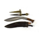 A Kukri, with chromed steel blade, bolster and wood grip, with leather sheath; a Small Kindjal, with