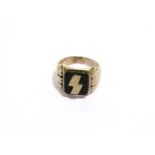 A German SS Signet Ring, in silver coloured metal with black composition panel set with a single S