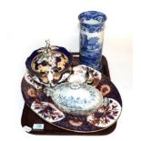 A Derby oval meat platter; a Rockingham style twin-handled pedestal bowl with lid; a blue and