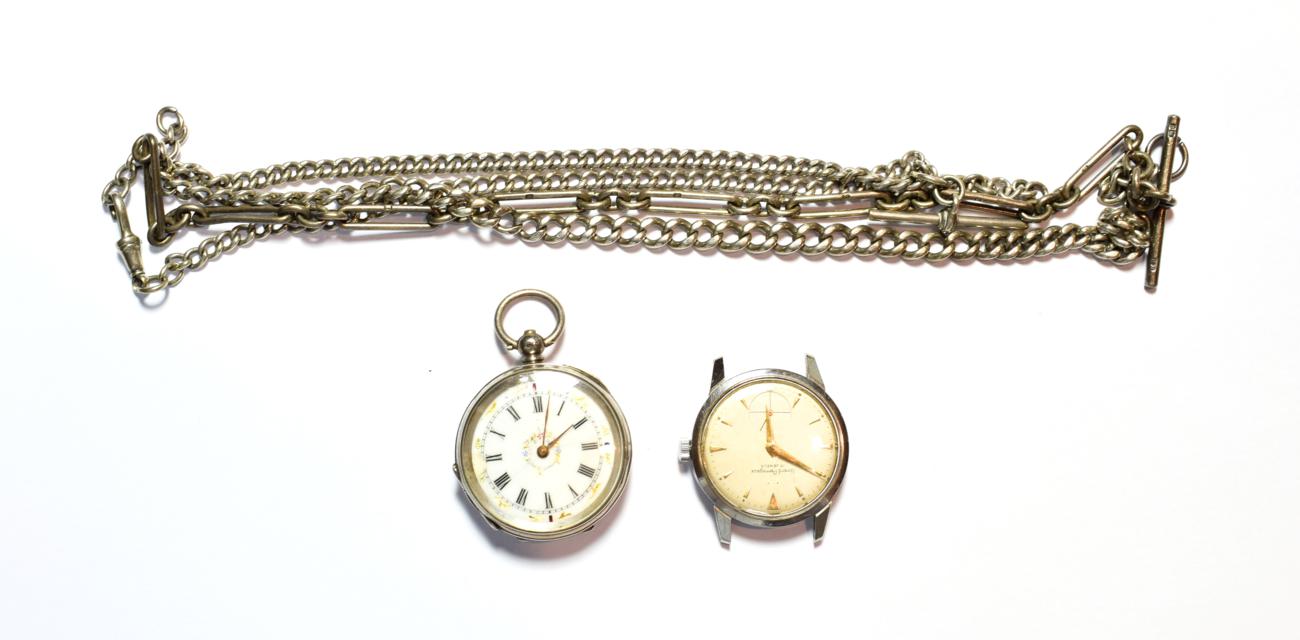 A gents 1950's Girard Perregaux wristwatch, lady's fob watch stamped 0.800, two silver chains and