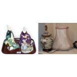 Three Royal Doulton figures; a Sitzendorf group of two dancers; and a Japanese lamp and shade