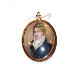 English school (19th century) Miniature bust portrait of a gentleman, wearing a white stock and blue