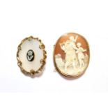 A Victorian cameo in a frame stamped '9CT', measures 4.7cm by 4cm; and an agate brooch, measures 4.