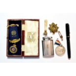 A mother of pearl Masonic revolving stamp seal; a Masonic medal; Swan fountain pen with 14 carat