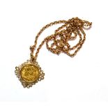 A 1912 sovereign loose mounted as a pendant on chain, pendant length 4.2cm, chain length 72cm .