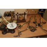 A good collection of brass including various scales such as salters, horses harness, weights, etc