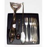 A collection of silver and silver plate, including: a set of six silver cake-forks; a plated
