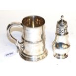 An Edward VII silver mug and a George V silver caster, the mug by Thomas Bradbury and Sons,