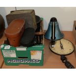 A megaphone and a box of binoculars etc