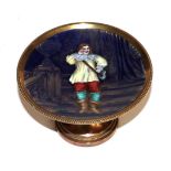 A small brass and enamelled comport depicting a cavalier figure, indistinctly signed