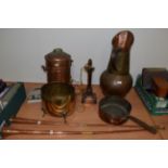 A copper pan, lamp, two hunting horns, jug etc