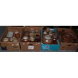 A selection of stoneware jars; jugs; wooden fruit bowls; a pair of wooden table lamps; a letter