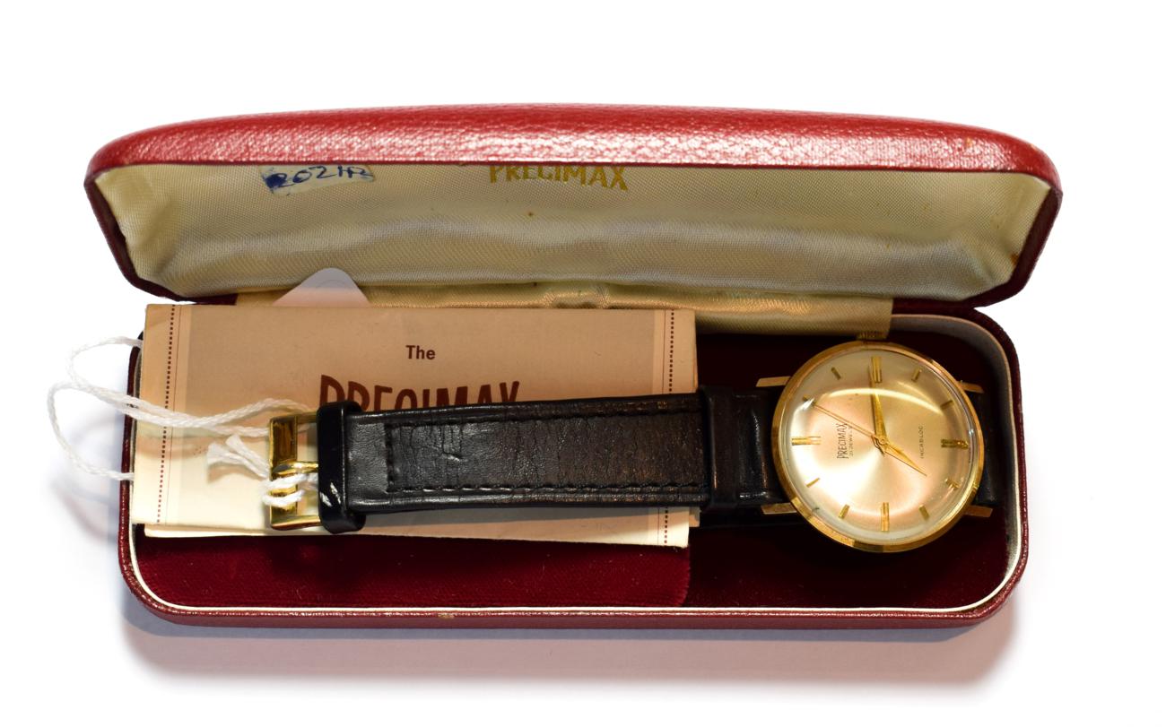 A 14 carat gold centre seconds wristwatch, signed Precimax, with Precimax box and guarantee