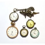 An early enamel dial watch face; a Waltham plated pocket watch; and three further pocket watches