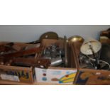 A mixed quantity of pewter, metal wares, wood planes etc; together with four brass bed warming pans