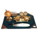 A silver mounted writing desk pad; Art Nouveau inkwell stand; desk calendar; quantity of ceramics;